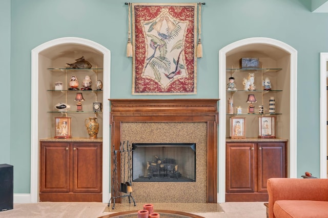 1764 Warren Hollow Rd, Nolensville, TN 37135 - living area with a fireplace with flush hearth and built in shelves
