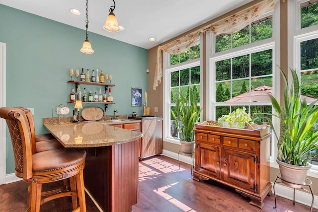 1764 Warren Hollow Rd, Nolensville, TN 37135 - indoor wet bar with baseboards, decorative light fixtures, wood finished floors, and recessed lighting