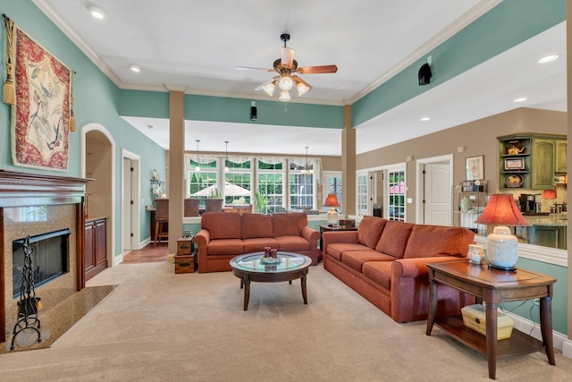 1764 Warren Hollow Rd, Nolensville, TN 37135 - living area featuring ornamental molding, ceiling fan, light carpet, a fireplace, and recessed lighting