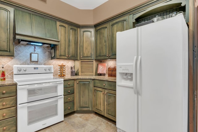 1764 Warren Hollow Rd, Nolensville, TN 37135 - kitchen with white appliances, green cabinetry, decorative backsplash, premium range hood, and light stone countertops
