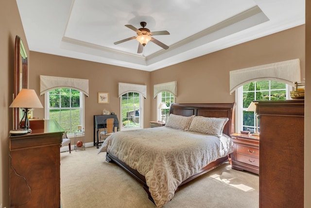 1764 Warren Hollow Rd, Nolensville, TN 37135 - carpeted bedroom with a tray ceiling, multiple windows, crown molding, and ceiling fan