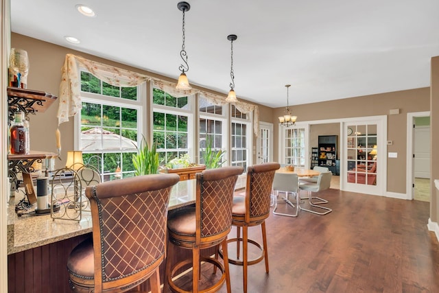 1764 Warren Hollow Rd, Nolensville, TN 37135 - kitchen featuring baseboards, a chandelier, dark wood-style flooring, hanging light fixtures, and recessed lighting