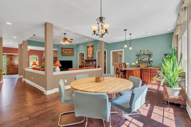 1764 Warren Hollow Rd, Nolensville, TN 37135 - dining room with bar area, wood finished floors, ceiling fan, recessed lighting, and baseboards