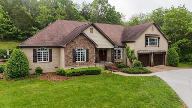 1764 Warren Hollow Rd, Nolensville, TN 37135 - view of front of property with crawl space, a garage, concrete driveway, a front yard, and stone siding