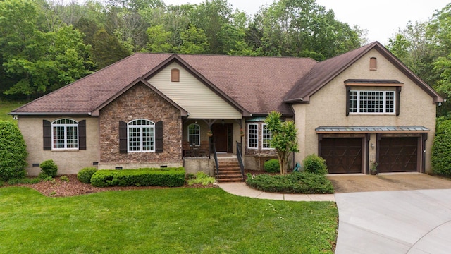 1764 Warren Hollow Rd, Nolensville, TN 37135 - view of front of house with crawl space, an attached garage, a front yard, concrete driveway, and stone siding
