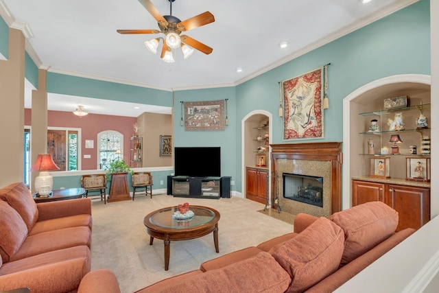 1764 Warren Hollow Rd, Nolensville, TN 37135 - living room with a premium fireplace, carpet flooring, ceiling fan, ornamental molding, and recessed lighting