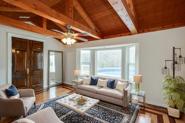 8310 Dog Creek Rd, Primm Springs, TN 38476 - living area featuring wooden ceiling, a ceiling fan, wood finished floors, and baseboards