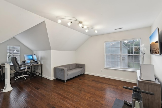 1423 Clairmonte Cir, Franklin, TN 37064 - office space featuring baseboards, wood-type flooring, and vaulted ceiling