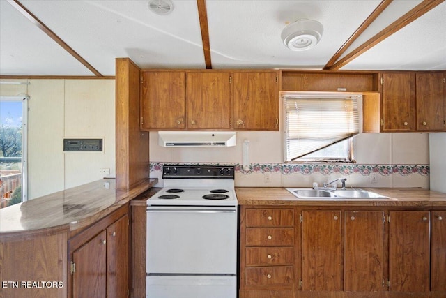 kitchen with white range with electric stovetop, ventilation hood, brown cabinets, and a peninsula