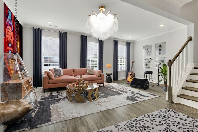 1001A 51st Ave N, Nashville, TN 37209 - living area featuring ornamental molding, stairs, wood finished floors, a chandelier, and healthy amount of natural light