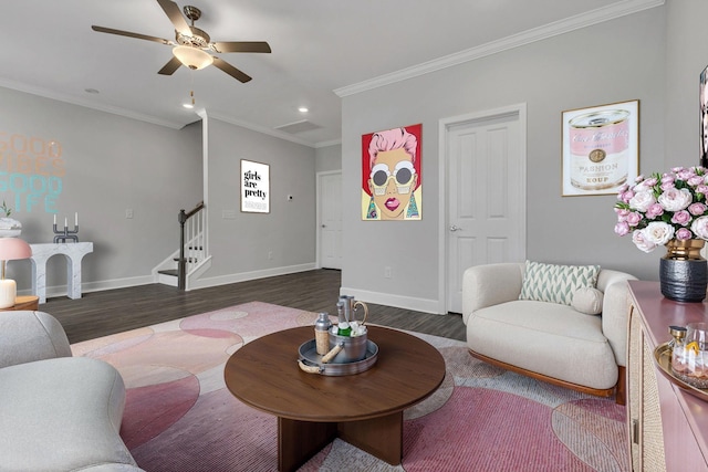 1001A 51st Ave N, Nashville, TN 37209 - living area with stairs, wood finished floors, a ceiling fan, crown molding, and baseboards