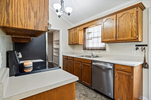 kitchen with stainless steel dishwasher, a sink, ornamental molding, vaulted ceiling, and brown cabinetry