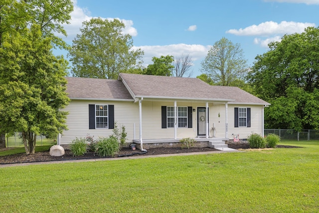 single story home featuring covered porch and a shingled roof