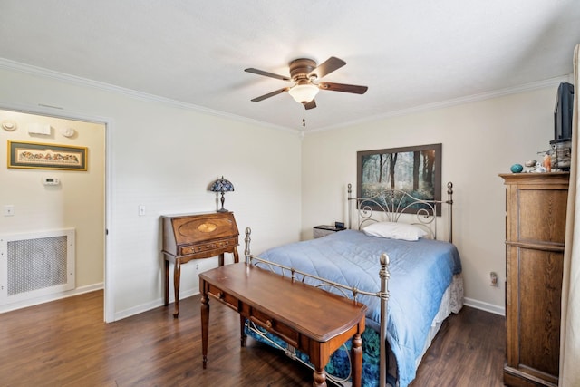 bedroom with crown molding, dark wood-type flooring, baseboards, a ceiling fan, and radiator