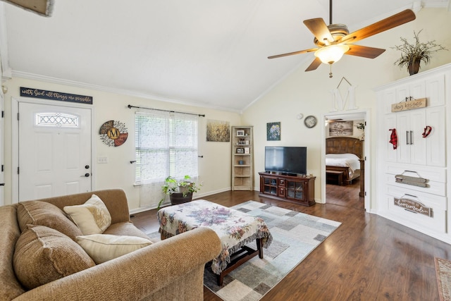 living room with a ceiling fan, wood finished floors, crown molding, baseboards, and high vaulted ceiling