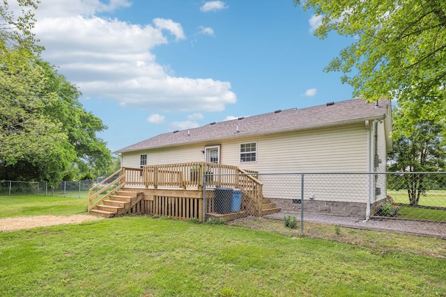 rear view of house with stairs, a wooden deck, central AC, and crawl space