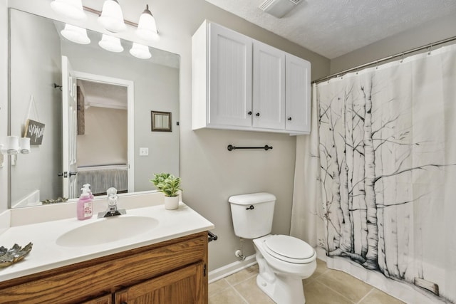 full bathroom with toilet, tile patterned floors, vanity, a textured ceiling, and a shower with shower curtain