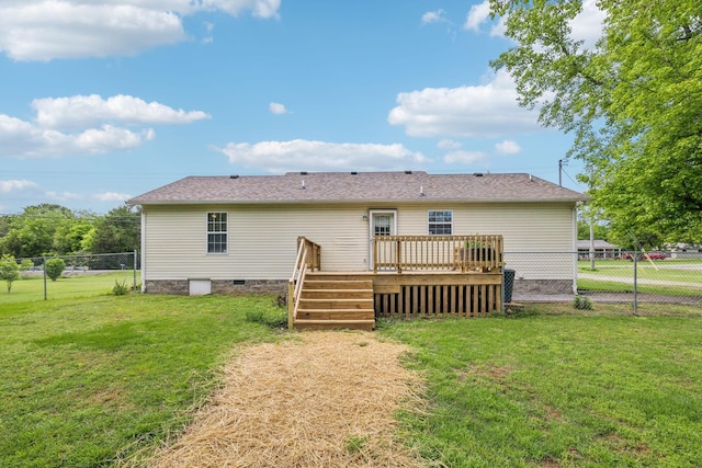 back of house with a wooden deck and crawl space