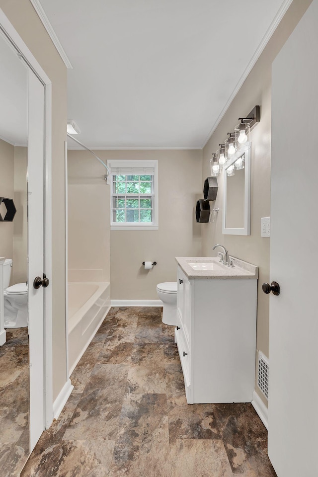 215 Wheeler Ave, Nashville, TN 37211 - bathroom featuring toilet, stone finish flooring, vanity, shower / bath combination, and ornamental molding