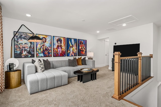 living room featuring carpet flooring, recessed lighting, and baseboards