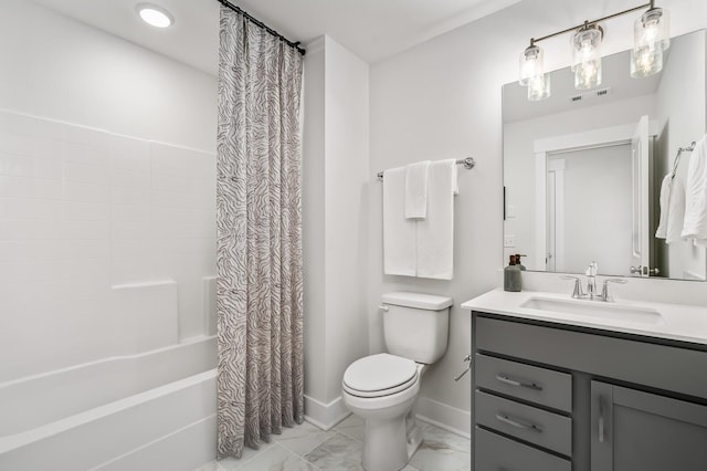 full bathroom featuring toilet, marble finish flooring, vanity, shower / bathtub combination with curtain, and baseboards