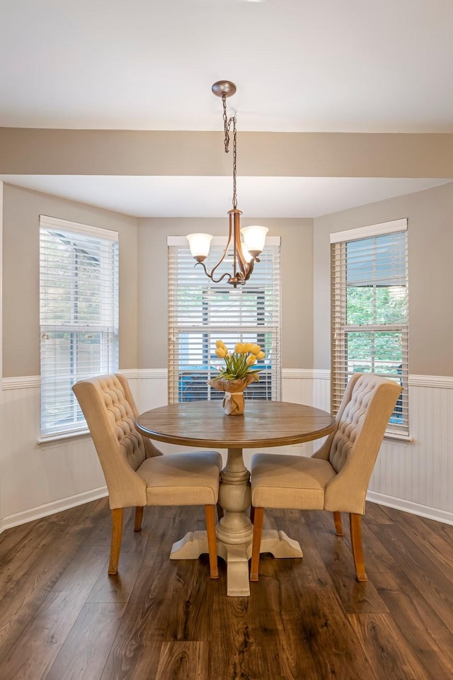 dining area with wainscoting, a chandelier, wood finished floors, and healthy amount of natural light