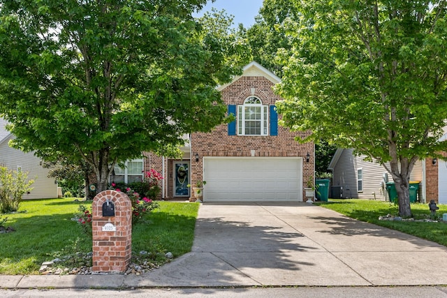 view of property hidden behind natural elements with concrete driveway, brick siding, a front lawn, and a garage
