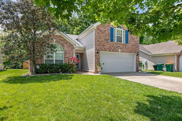 view of front of house featuring brick siding, driveway, a garage, and a front lawn