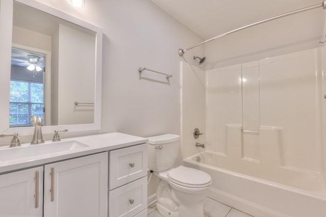 408 Parish Pl, Franklin, TN 37067 - bathroom featuring vanity, toilet, tile patterned flooring, a ceiling fan, and shower / tub combination