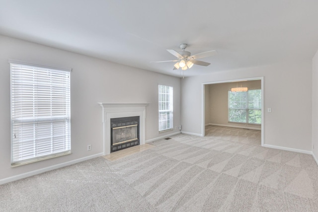 408 Parish Pl, Franklin, TN 37067 - unfurnished living room with ceiling fan, light colored carpet, a fireplace with flush hearth, and baseboards