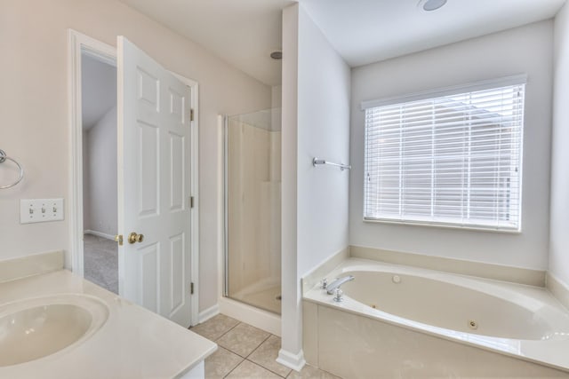 408 Parish Pl, Franklin, TN 37067 - bathroom with a stall shower, a jetted tub, tile patterned floors, and vanity