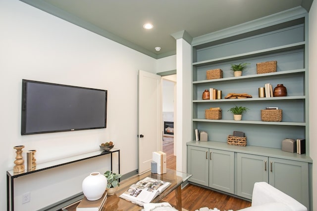 431B Basswood Ave, Nashville, TN 37209 - living area with ornamental molding, dark wood-style floors, recessed lighting, and built in features