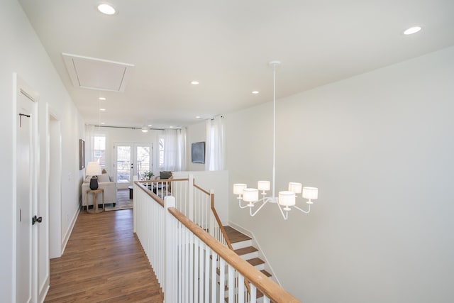431B Basswood Ave, Nashville, TN 37209 - hall featuring recessed lighting, wood finished floors, attic access, an upstairs landing, and french doors