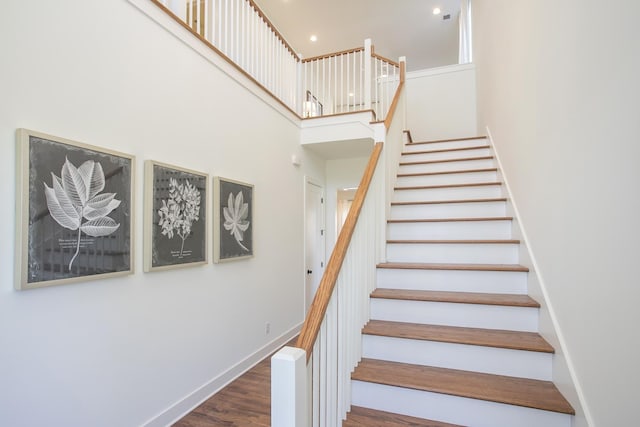 431B Basswood Ave, Nashville, TN 37209 - stairway featuring a towering ceiling, wood finished floors, recessed lighting, and baseboards