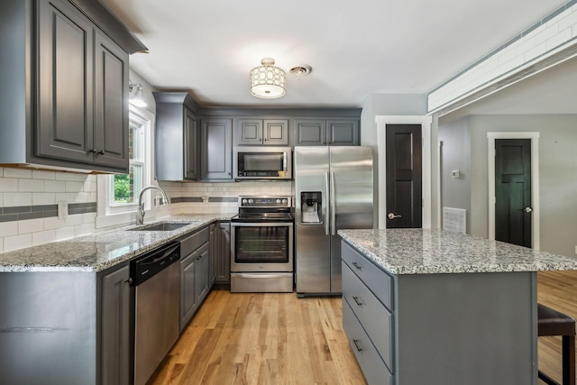 4408 Alpine Way, Murfreesboro, TN 37129 - kitchen with a sink, appliances with stainless steel finishes, gray cabinetry, and tasteful backsplash