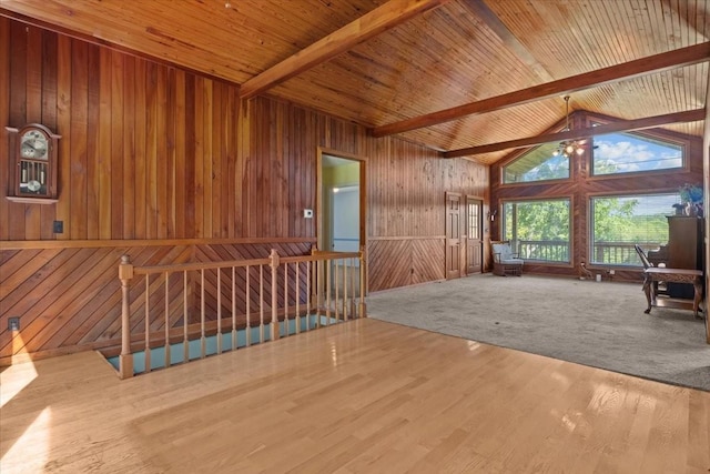 4410 Trace Creek Rd, Mc Ewen, TN 37101 - unfurnished living room featuring wood walls, wood ceiling, and wood finished floors