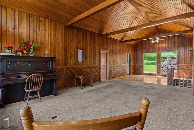4410 Trace Creek Rd, Mc Ewen, TN 37101 - living area featuring wood walls, ceiling fan, wooden ceiling, and carpet