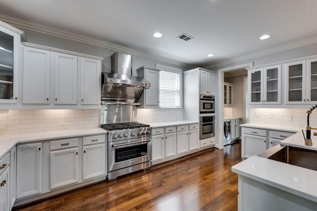 kitchen with stainless steel appliances, a sink, decorative backsplash, ornamental molding, and wall chimney exhaust hood