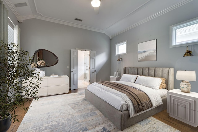 458 Wiregrass Ln, Franklin, TN 37064 - bedroom with ornamental molding, wood finished floors, ensuite bath, and ceiling fan