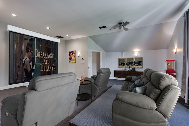 458 Wiregrass Ln, Franklin, TN 37064 - home theater featuring carpet, ceiling fan, vaulted ceiling, and recessed lighting