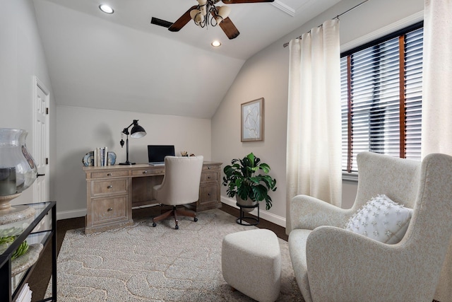 458 Wiregrass Ln, Franklin, TN 37064 - office featuring lofted ceiling, ceiling fan, and recessed lighting