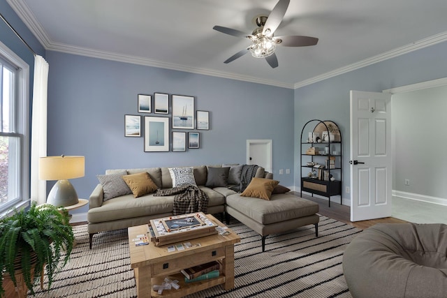 458 Wiregrass Ln, Franklin, TN 37064 - living room featuring healthy amount of natural light, ornamental molding, a ceiling fan, and wood finished floors