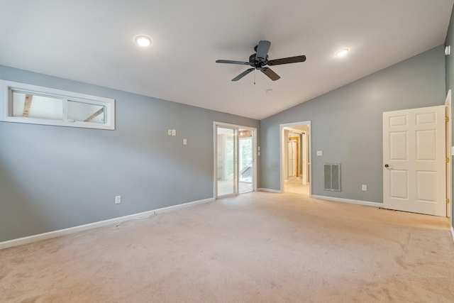 spare room with vaulted ceiling, light colored carpet, ceiling fan, baseboards, and recessed lighting