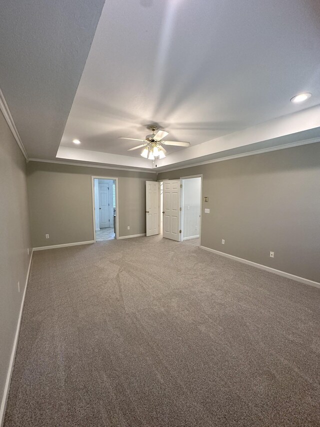 6900 Snow View Ln, Ooltewah, TN 37363 - unfurnished bedroom with baseboards, carpet floors, recessed lighting, a tray ceiling, and ceiling fan