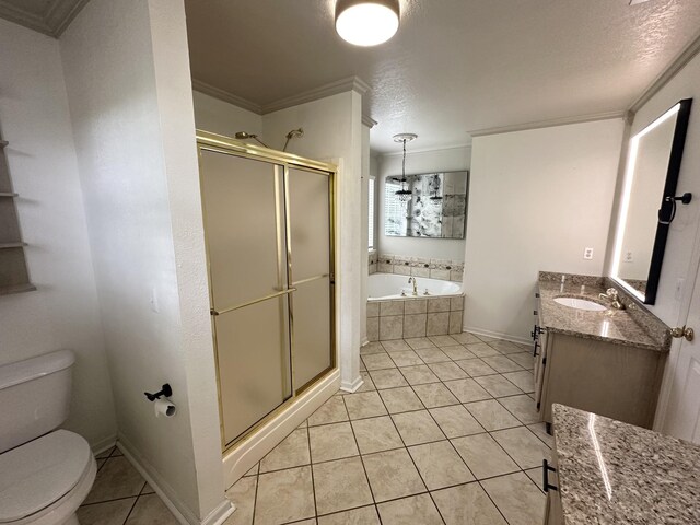 6900 Snow View Ln, Ooltewah, TN 37363 - bathroom with crown molding, a bath, tile patterned flooring, a shower stall, and vanity