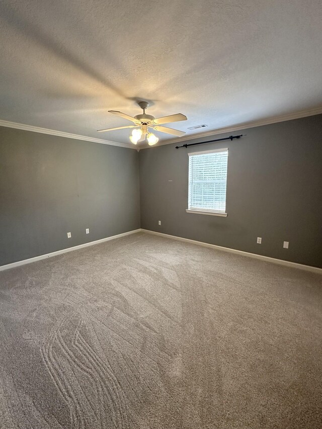 6900 Snow View Ln, Ooltewah, TN 37363 - empty room with crown molding, a ceiling fan, carpet, baseboards, and a textured ceiling