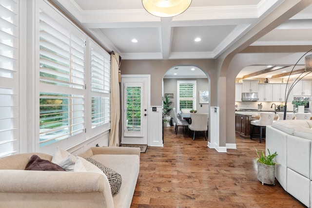 810 Pine Terrace Dr, Brentwood, TN 37027 - living room featuring coffered ceiling, recessed lighting, beam ceiling, wood finished floors, and crown molding