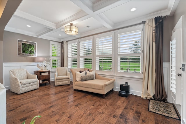 810 Pine Terrace Dr, Brentwood, TN 37027 - living area featuring ornamental molding, beam ceiling, coffered ceiling, and wood finished floors