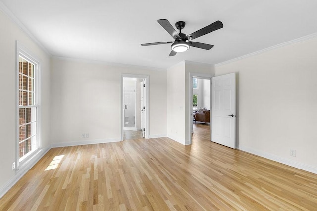 754 Veterans Pkwy, Murfreesboro, TN 37128 - unfurnished living room featuring ornamental molding, light wood-type flooring, baseboards, and a ceiling fan