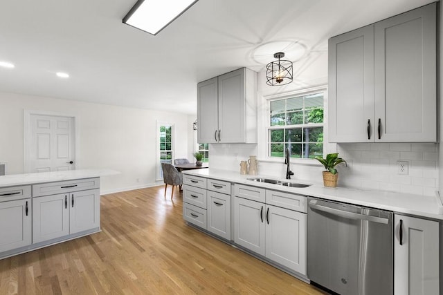 754 Veterans Pkwy, Murfreesboro, TN 37128 - kitchen with dishwasher, a sink, gray cabinetry, light countertops, and backsplash